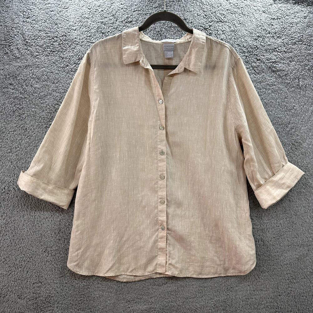 Chico's Size 3 100% Linen Beige Button‎ Up Top Summer Casual Classic Vacation